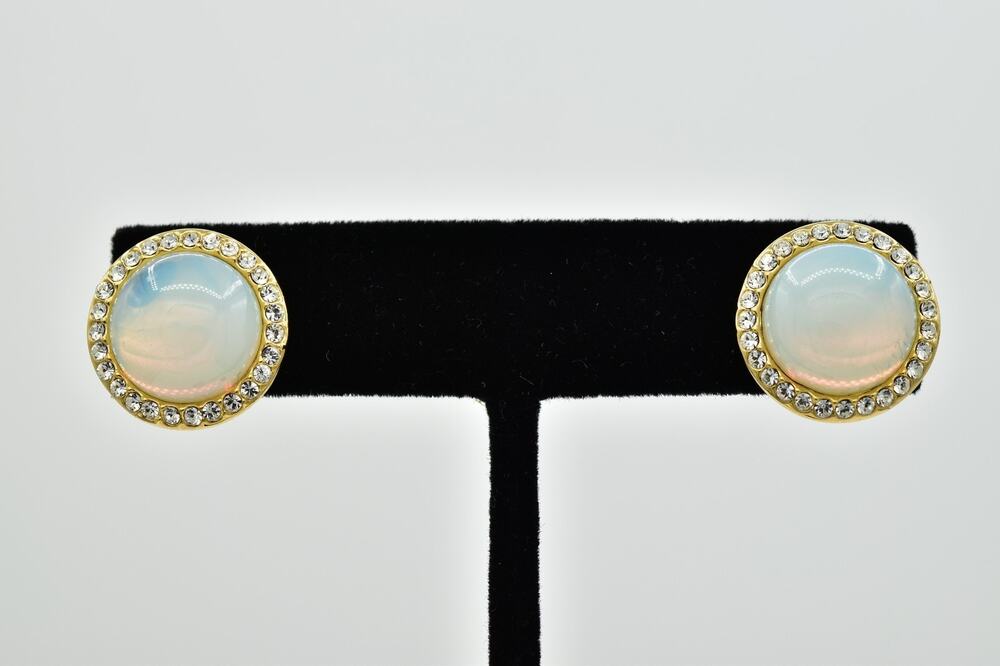 Vintage Opalescent Cabochon Rhinestone Halo Gold Tone Pierced Earrings BeauBinAZ